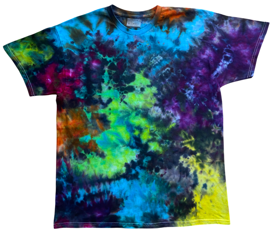 Multicolored tie-dye t-shirt on a white background