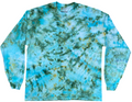 Sea Glass Ice Scrunch long sleeve tie dye T-shirt featuring soft aqua blue, turquoise, sea green and sandy gold marbled patterns.