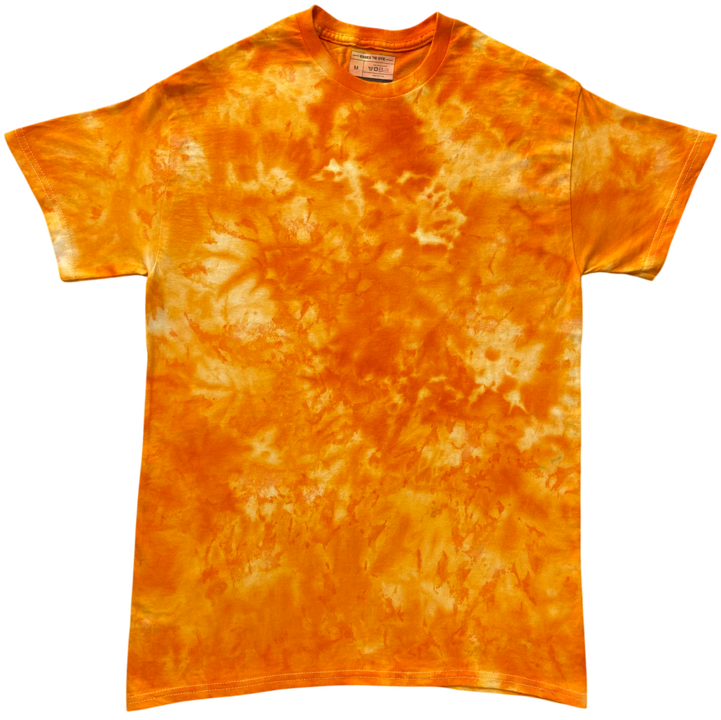 Deep Yellow Ice Scrunch tie dye T-shirt in rich golden yellow and orange with lighter yellow areas, featuring a hand dyed scrunch pattern on a white background.