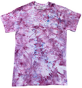 A short-sleeve crewneck tie-dye t-shirt featuring a marbled pattern of purple, pink, and light blue on a white base, shown flat against a white background.