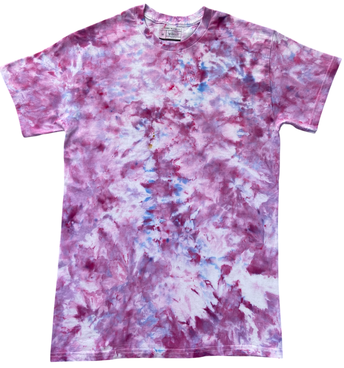 A short-sleeve crewneck tie-dye t-shirt featuring a marbled pattern of purple, pink, and light blue on a white base, shown flat against a white background.