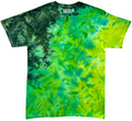 A short-sleeve crewneck tie-dye t-shirt featuring a vibrant green and yellow pattern with dark green shading on the left side, displayed flat against a white background.