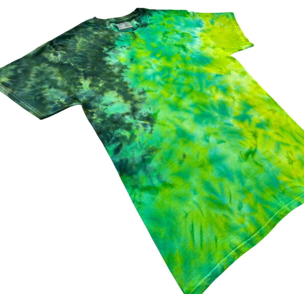 A short-sleeve crewneck tie-dye t-shirt featuring a gradient pattern transitioning from dark forest green on the left to bright lime green and yellow on the right, shown on a plain white background.