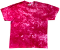 Light red ice scrunch tie dye T-shirt laid flat, featuring rich pink-red tones with soft pale pink and white cloudy patterns throughout.