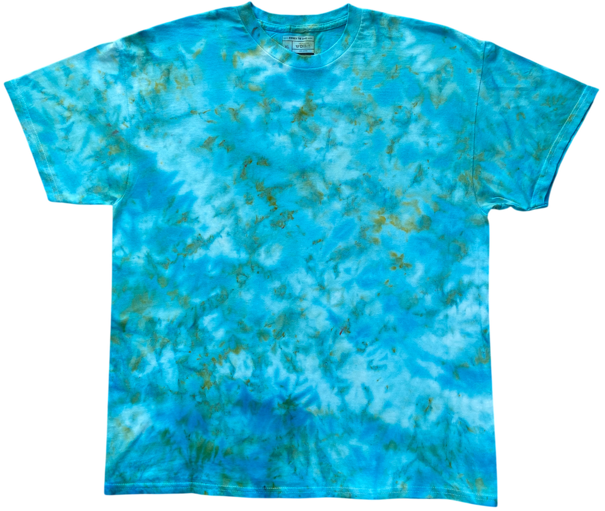 Parakeet Ice Scrunch tie-dye T-shirt featuring bright turquoise blue, aqua and subtle green tones, individually hand dyed in the UK.