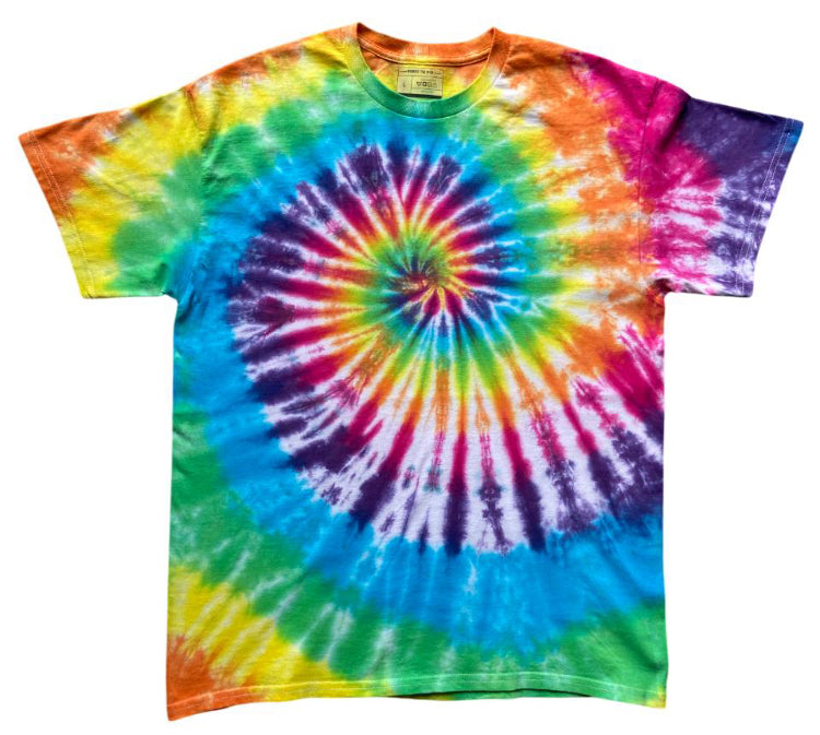 Multicolored tie-dye t-shirt with a spiral pattern on a white background