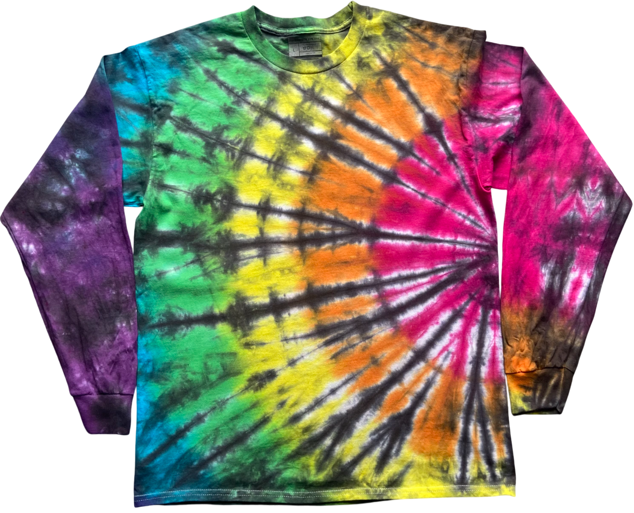 Colorful tie-dye long-sleeve shirt with a vibrant spiral pattern on a white background