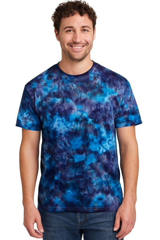 The Alchemist Ice Tie Dye T-Shirt. A light and dark blue Ice pattern dye on a high quality 100% cotton T-Shirt